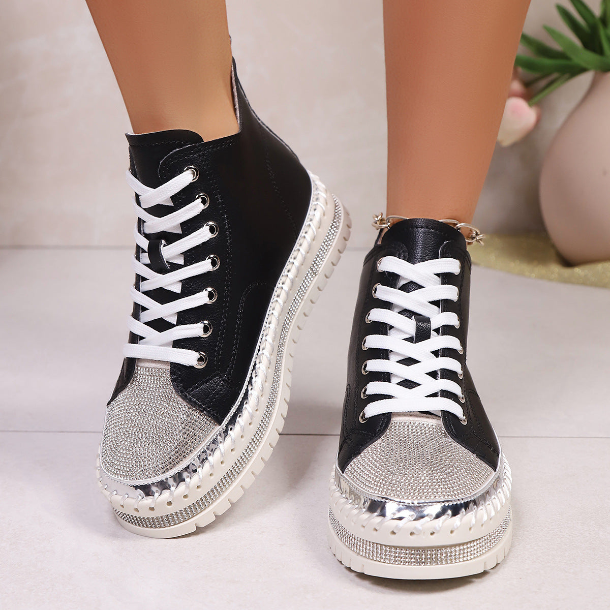 Stitch Rhinestone Lace-Up Shoes