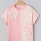 Apricot Color Block Flower Patched Loose T Shirt
