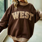 Coffee Polka Dot Trim High Neck West Letter Graphic Baggy Sweatshirt