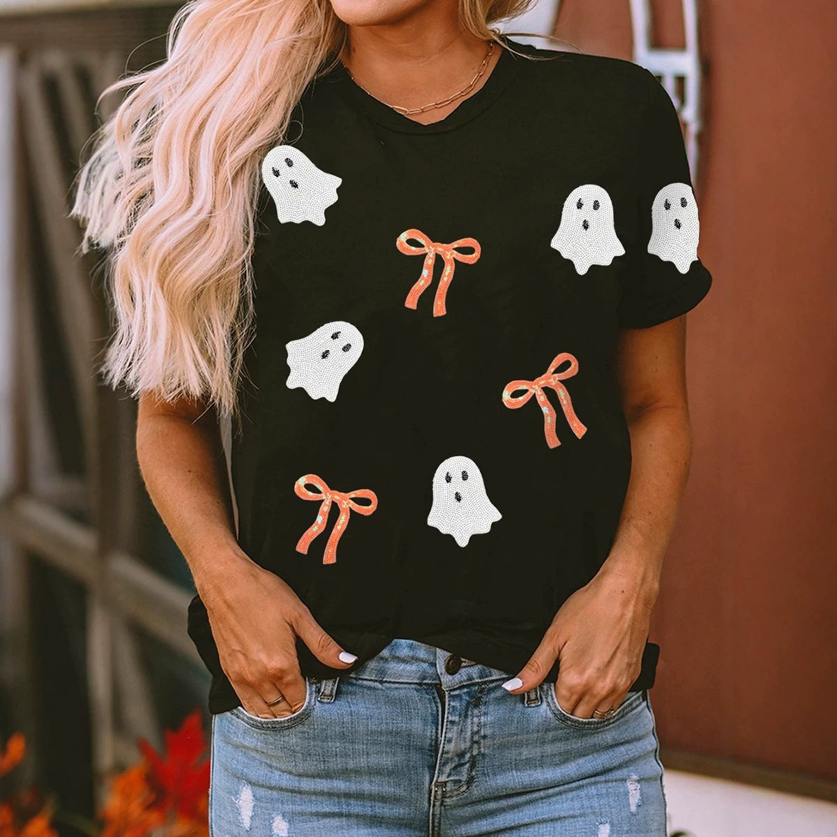 Black Sequin Bow Ghost Patched Halloween Graphic Tee