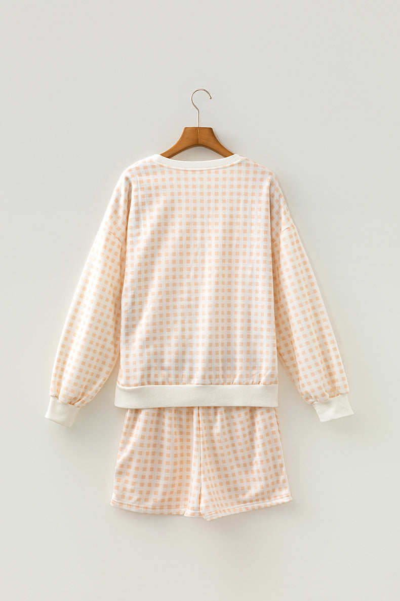 Plaid Baggy Pullover Drawstring Casual Shorts 2pcs Outfit