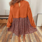 Orange Solid Long Sleeve Top Patchwork Floral Flared 2-in-1 Mini Dress