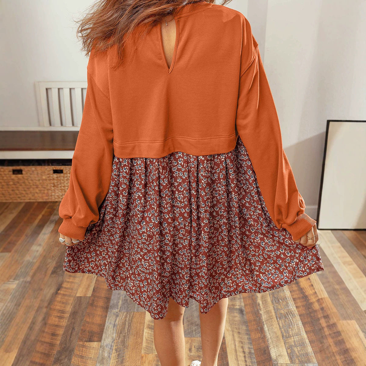 Orange Solid Long Sleeve Top Patchwork Floral Flared 2-in-1 Mini Dress