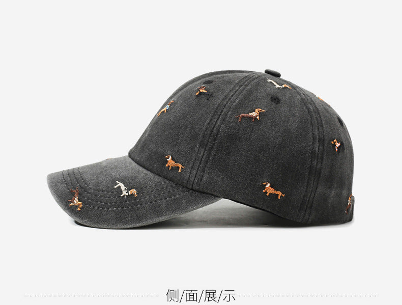 Vintage Distressed Baseball Cap with Puppy Embroidery