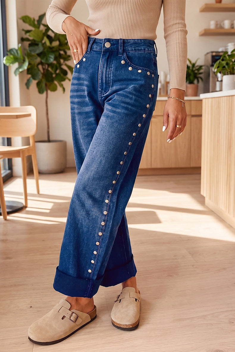 Studded Detail Straight Leg Casual Loose Jeans
