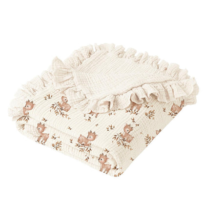 Custom Embroidered Floral Muslin Baby Blanket with Ruffled Trim