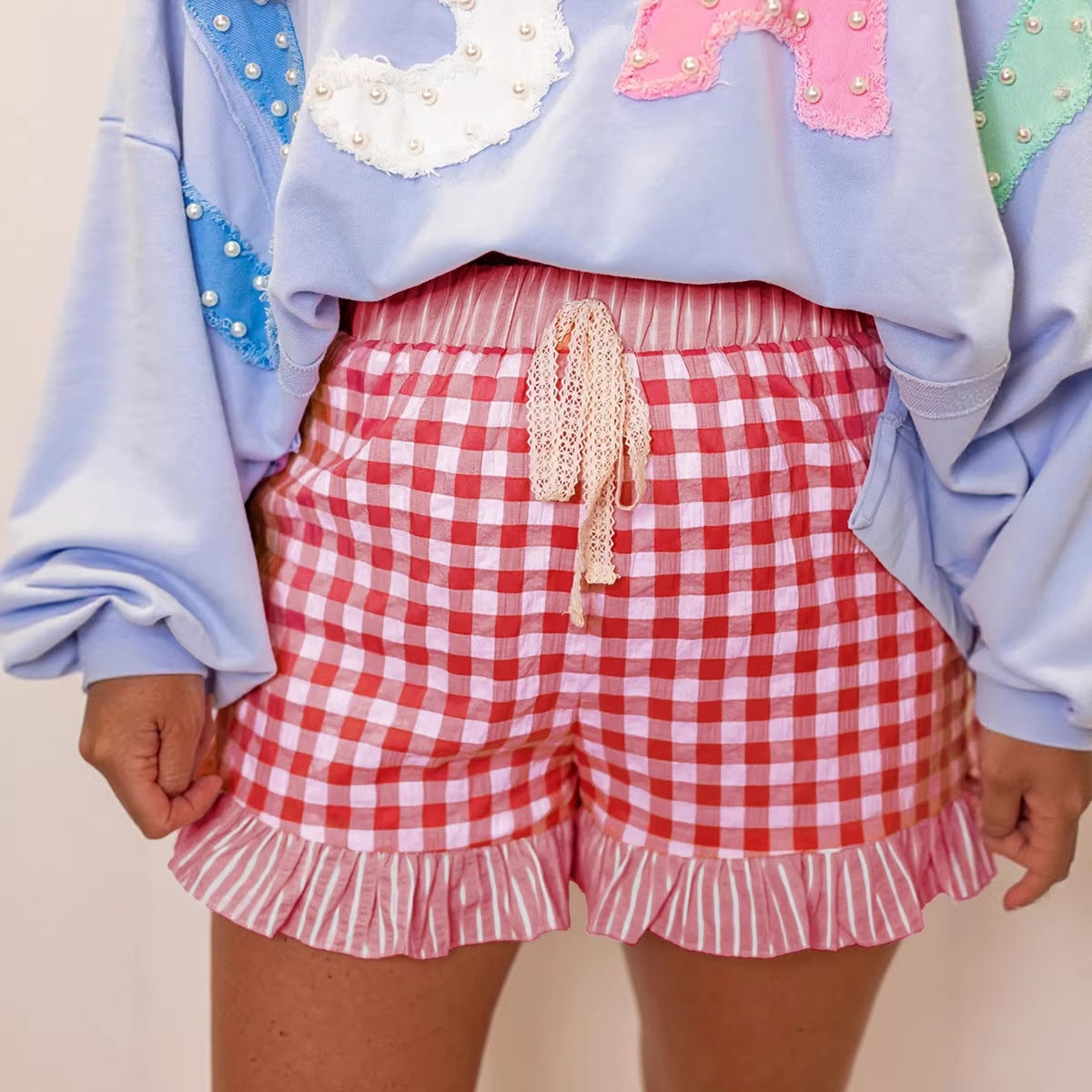 Gingham Print Ruffle Striped Detail Lace Tie Shorts