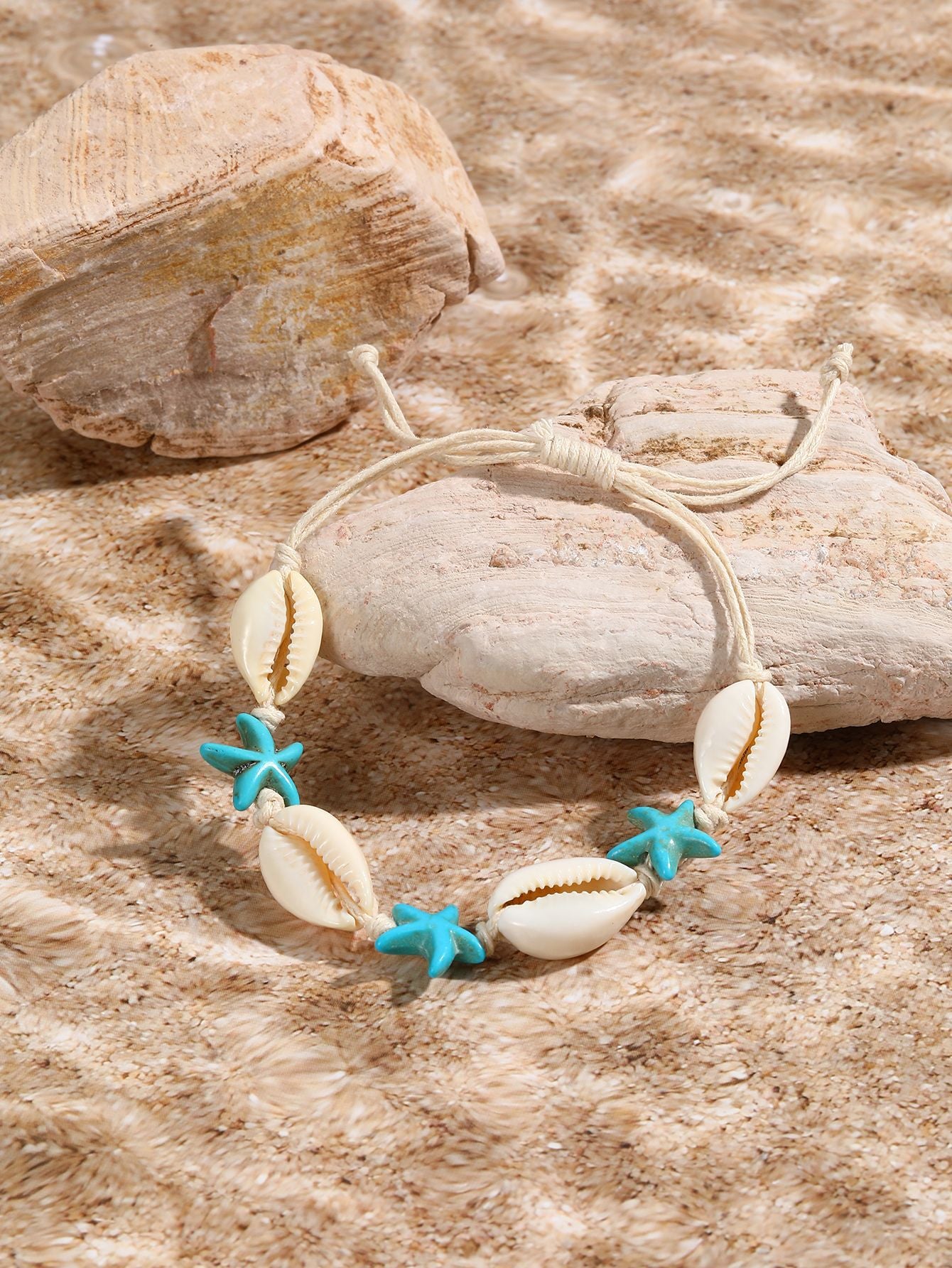 Marine Style Starfish Shell Turquoise Shell Beaded Chain Stretch Bracelets
