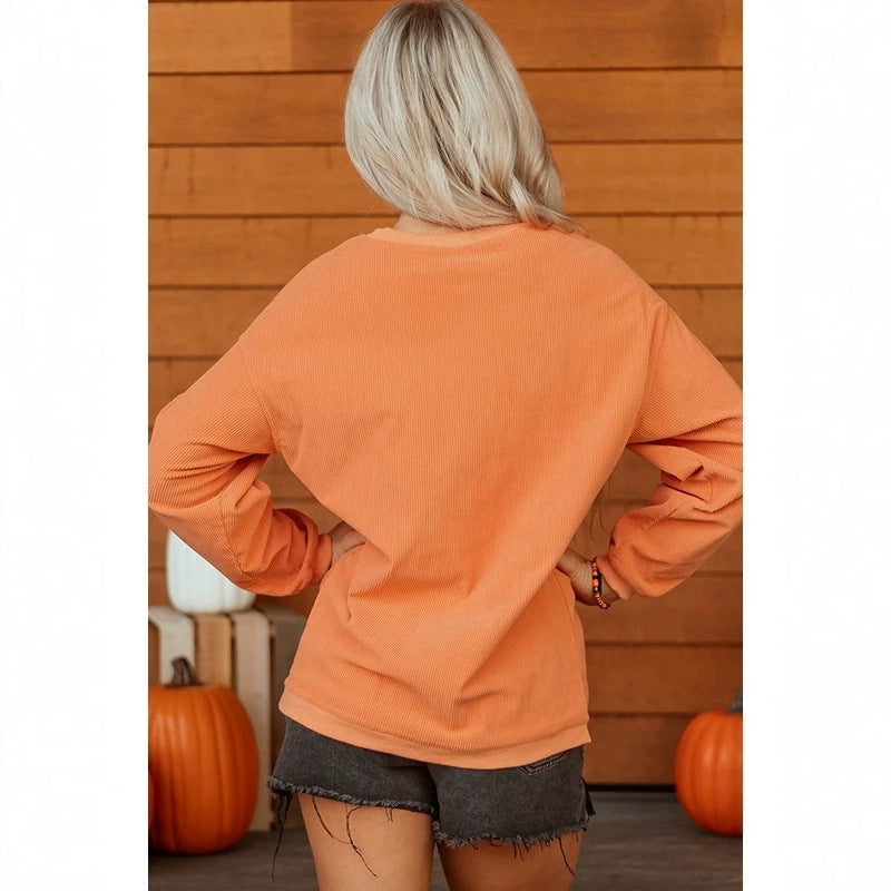 Orange Twisted Ribbed Texture Halloween Ghost Sequin Patched Sweatshirt