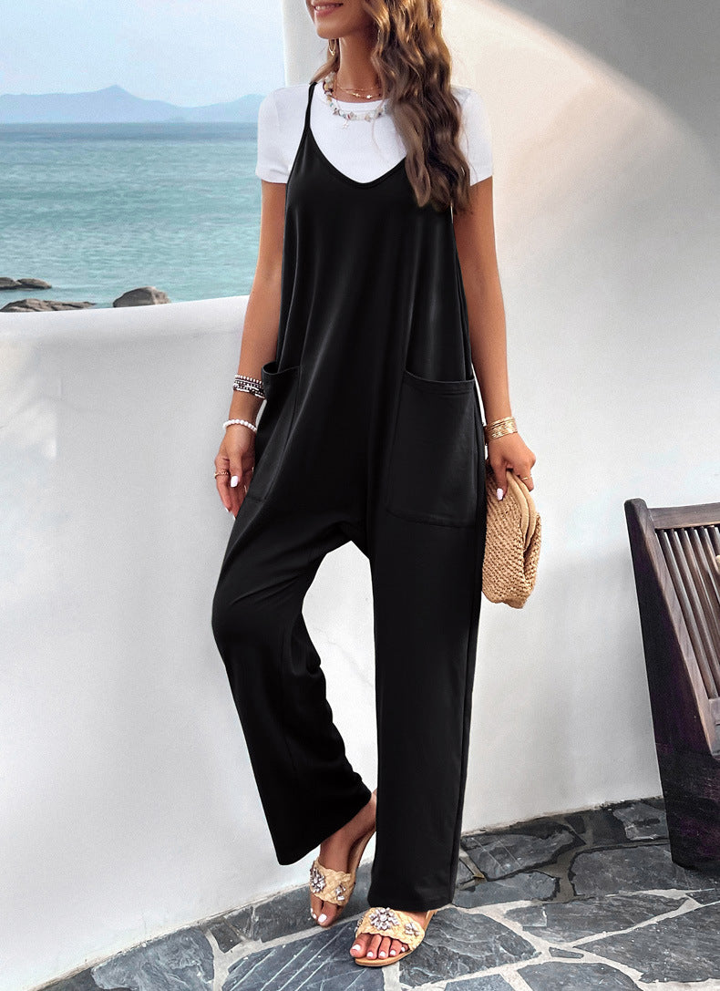 V Neck Loose Pockets Cami Jumpsuit