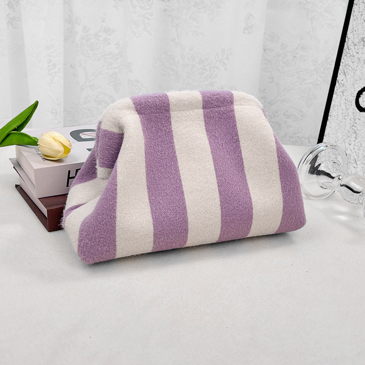Striped Plush Kiss Lock Clutch Bag