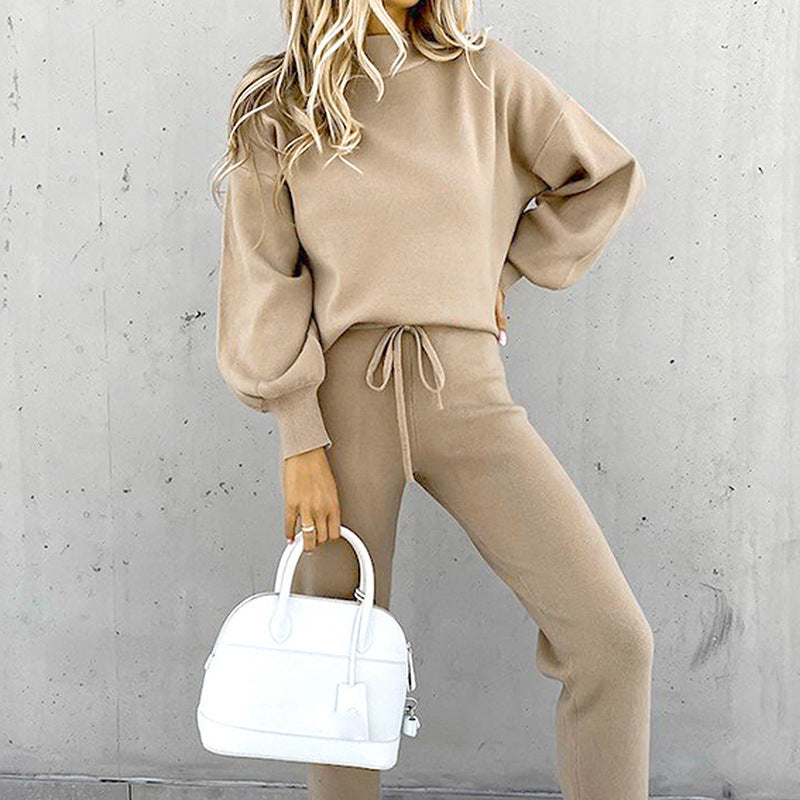 Solid Color High Collar Casual Top+pants Two-piece Set