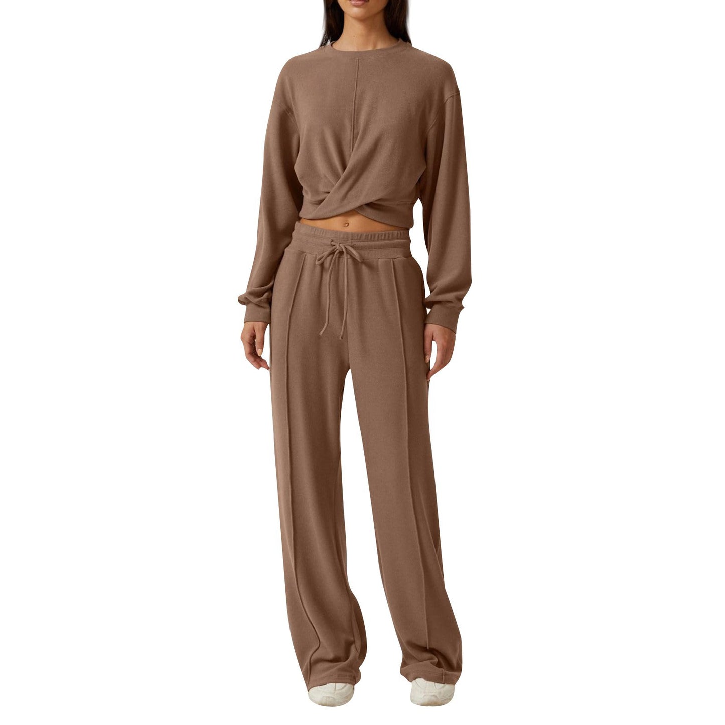 Women's Round Neck Long-sleeved Top and Wide-leg Pants Suit