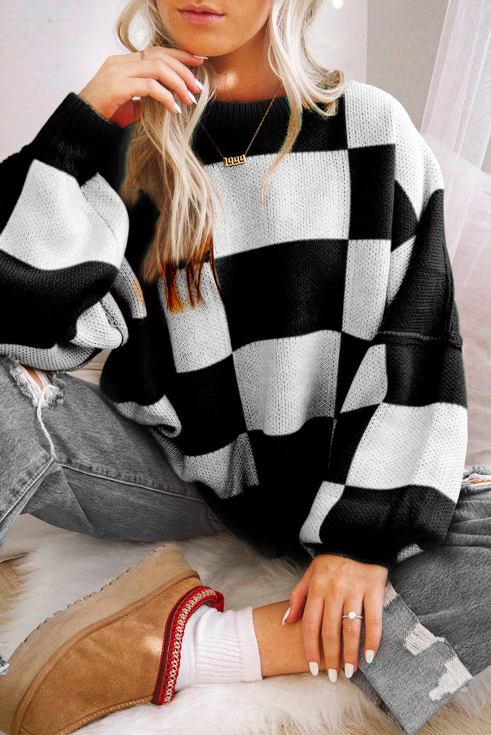 Women's Plus-Size Loose-Fit Color-Block Long-Sleeve Crew-Neck Knit Sweater
