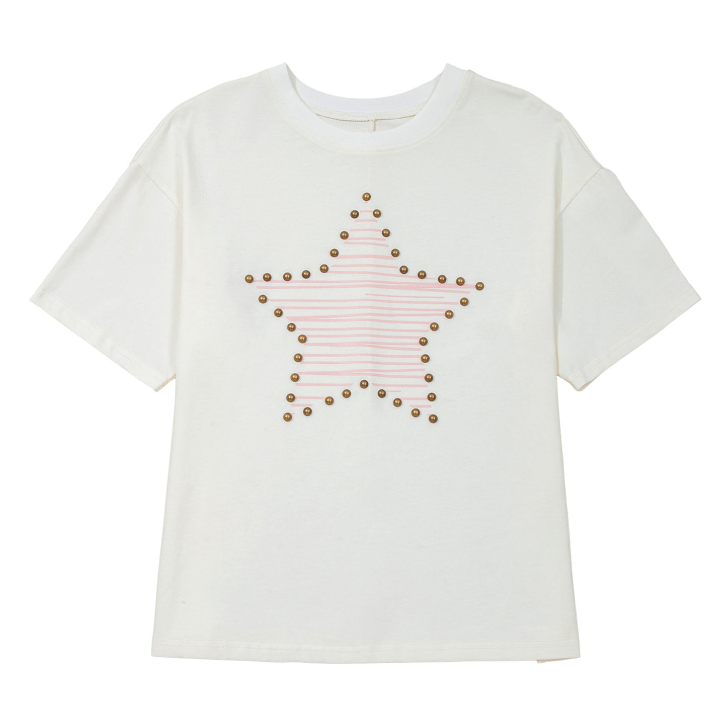 Beige Star Print Stud Detail Cotton Jersey Top