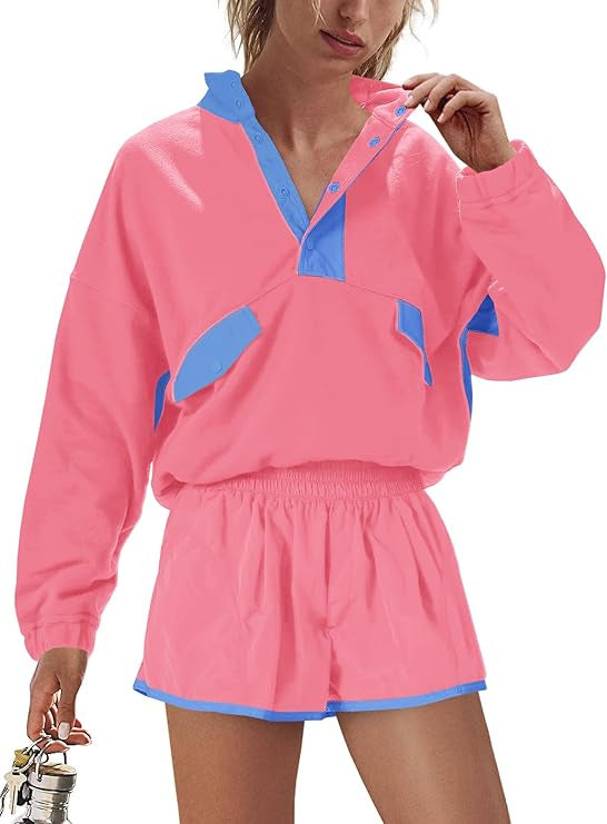 Contrast Color Stitching Long-sleeved Top and Shorts Set(moq2）