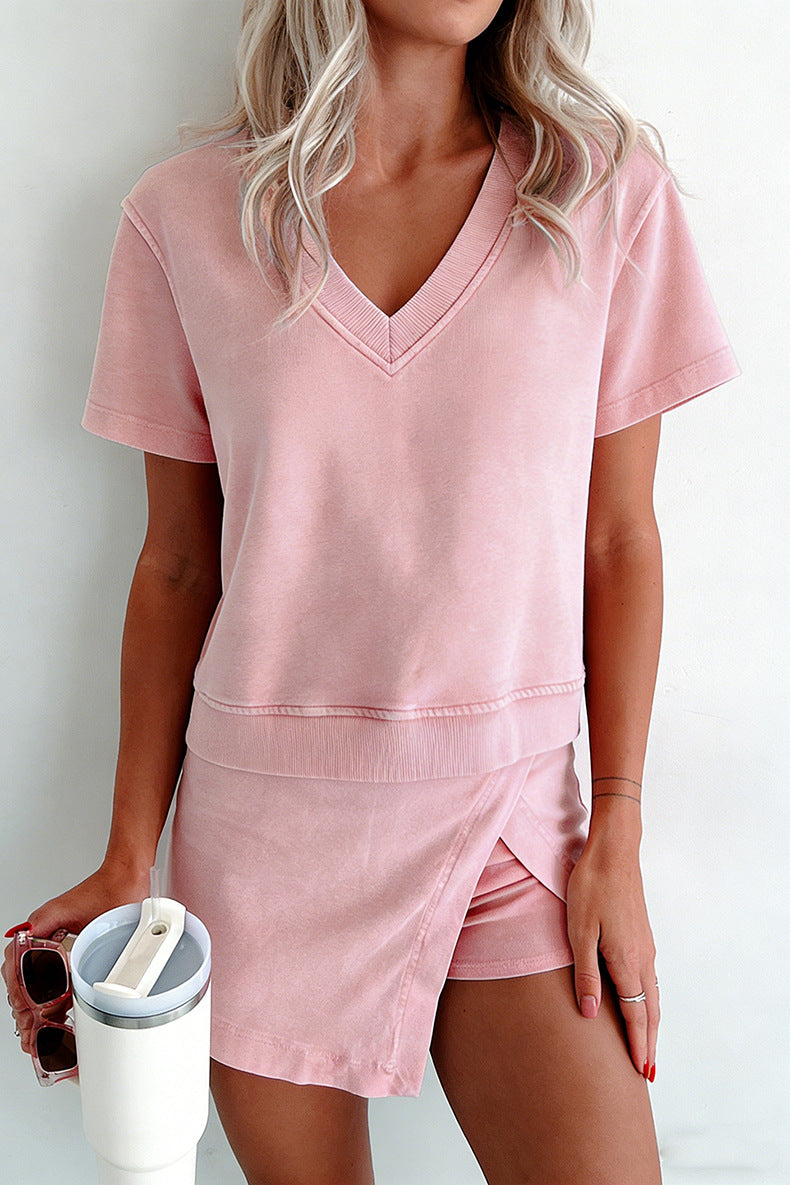 Mineral Wash V Neck Tee Matching Skort Set
