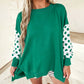Green Polka Dot Patchwork Sleeve Crew Neck Loose Pullover Sweatshirt