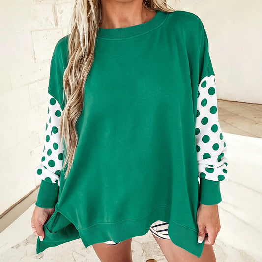Green Polka Dot Patchwork Sleeve Crew Neck Loose Pullover Sweatshirt