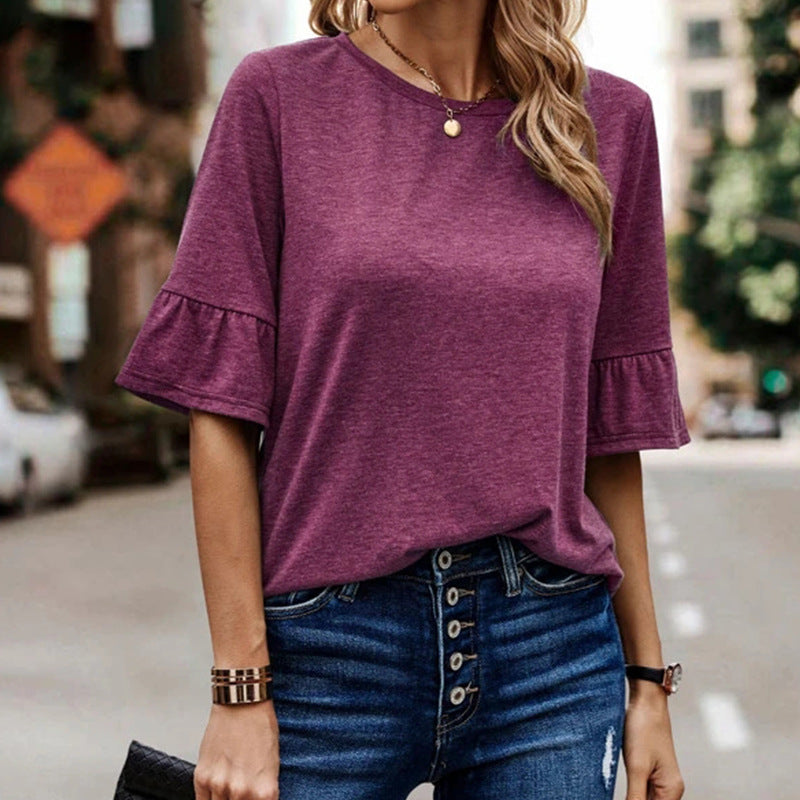 Solid Button Ruffle Sleeve T-shirt