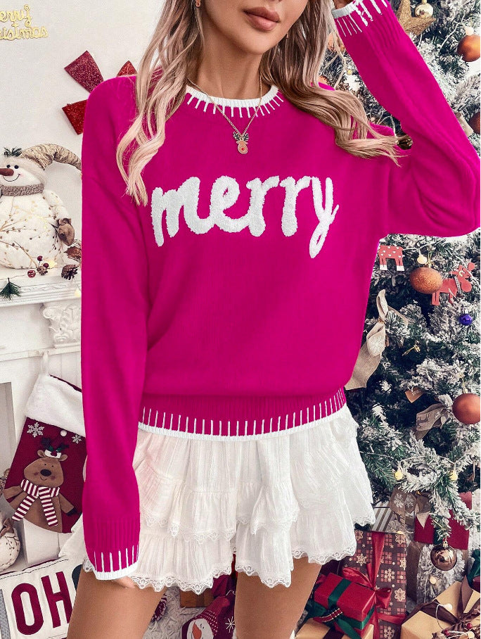 Merry Festive Knit Sweater  Casual Holiday Crewneck Pullover Top