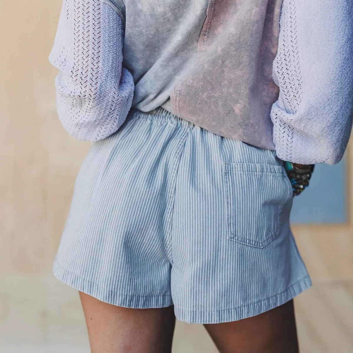 Stripe Drawstring Elastic Waist Casual Denim Shorts