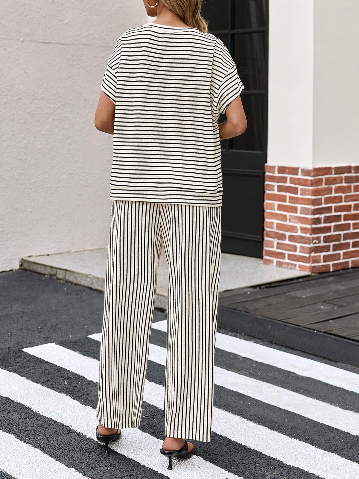 Stripe Round Neck Tee and Pant Set