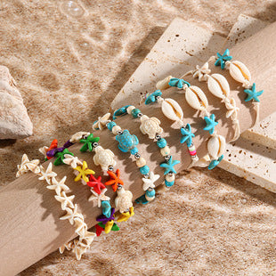 Marine Style Starfish Shell Turquoise Shell Beaded Chain Stretch Bracelets
