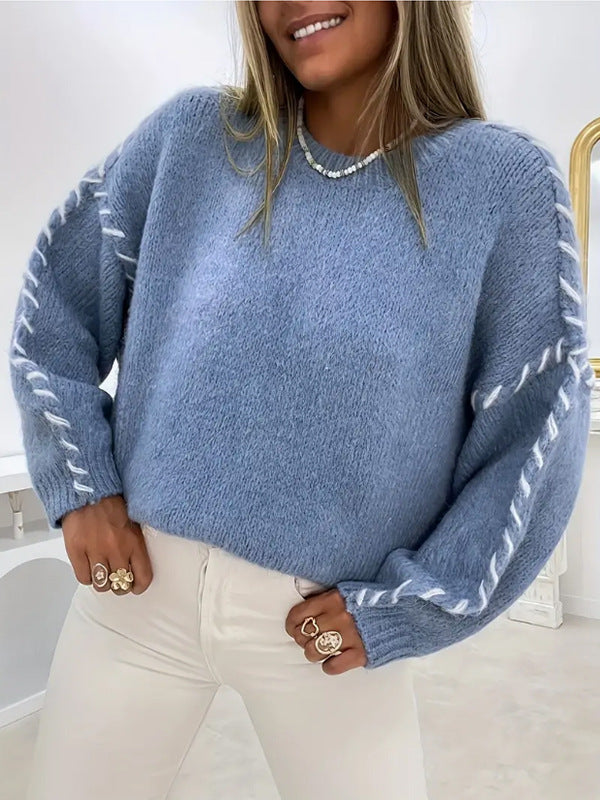 Solid Color Crew Neck Long-sleeved Pullover Sweater