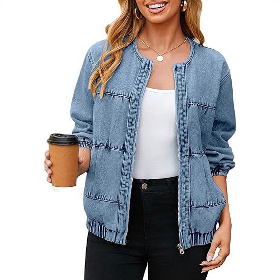 Women's Light Blue Round Neck Zipper Denim Jacket