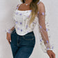 Floral Embroidery Off Shoulder Lantern Sleeve Curved Hem Top