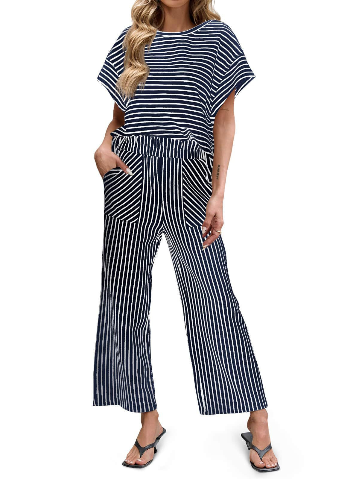 Stripe Round Neck Tee and Pant Set
