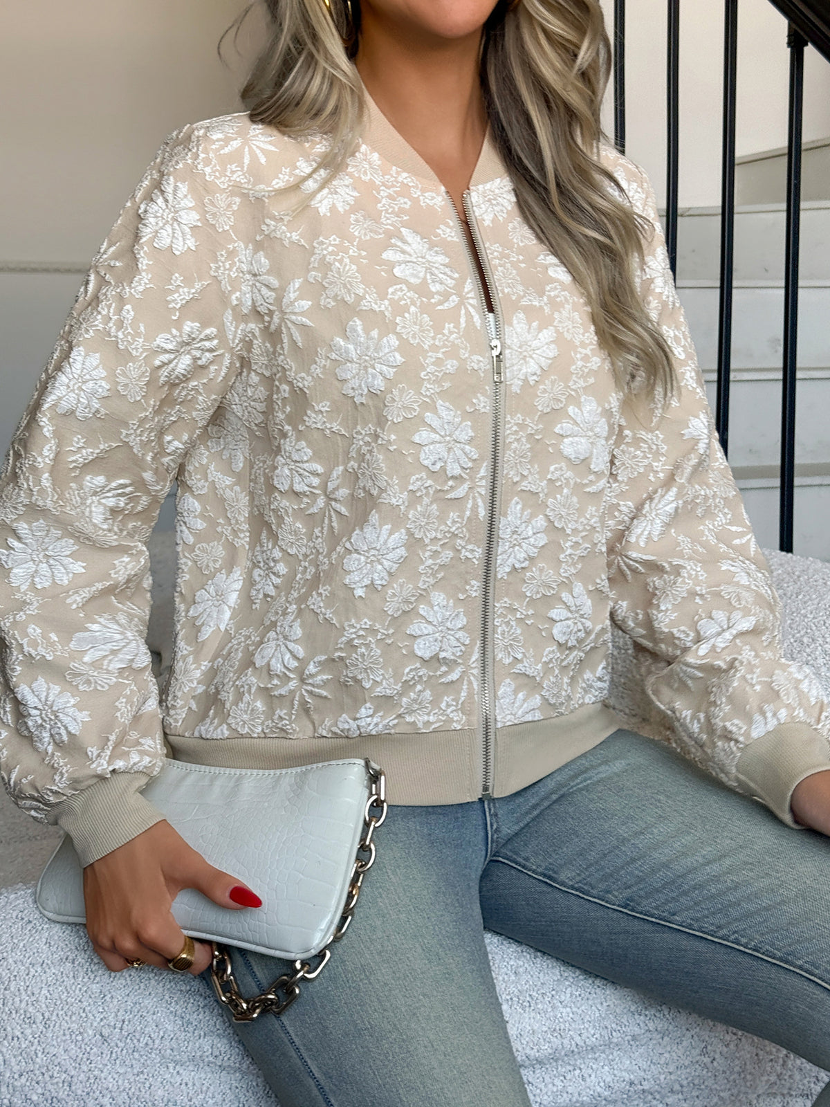 Women's Beige Floral Embroidered / Lace Bomber Jacket