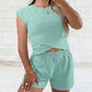 Cream Solid Short Sleeve Elastic Waist Pocket Casual Two Piece Short Set