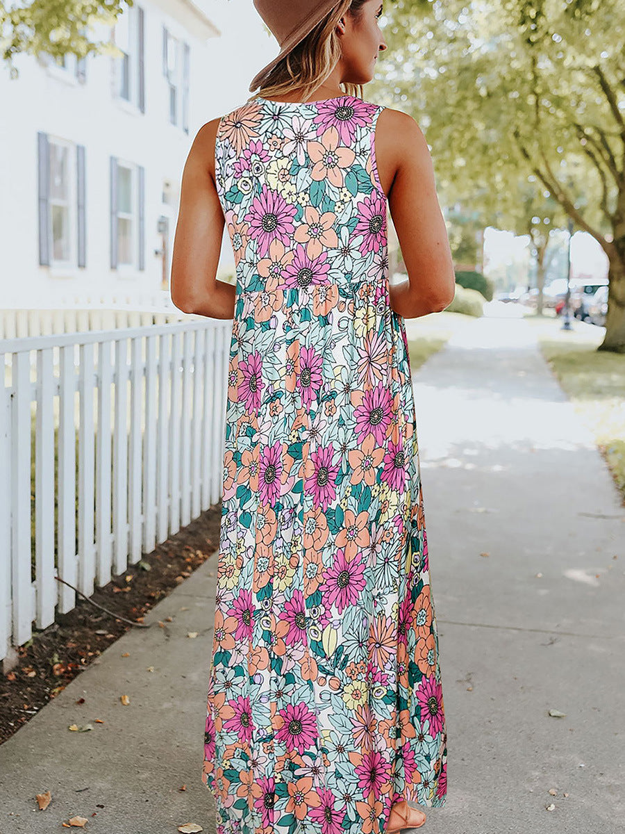 Floral Round Neck Sleeveless Maxi Dress