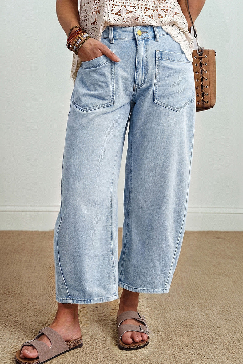 Square Patch Pocket Ankle-length Barrel Jeans