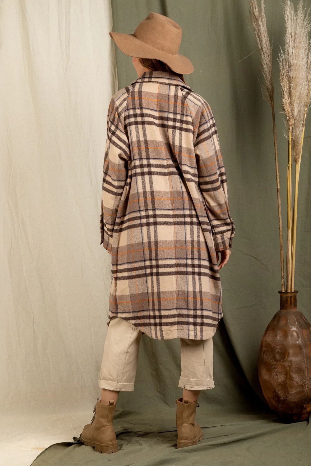 Checkered Lapel Pocket Long Coat