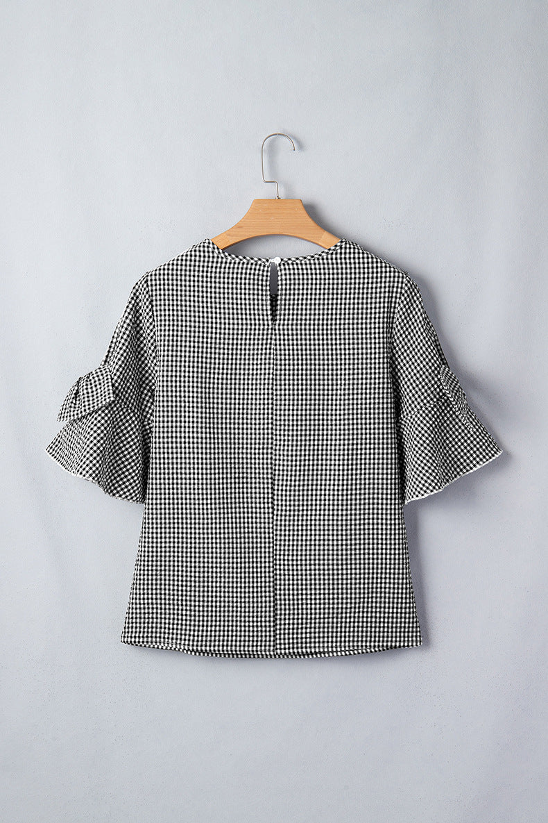 Black Plaid Bow Ruffled Half Sleeve Round Neck Blouse