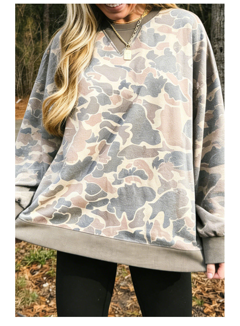 Multicolour Camo Print Ribbed Trim Casual Pullover Sweatshirt