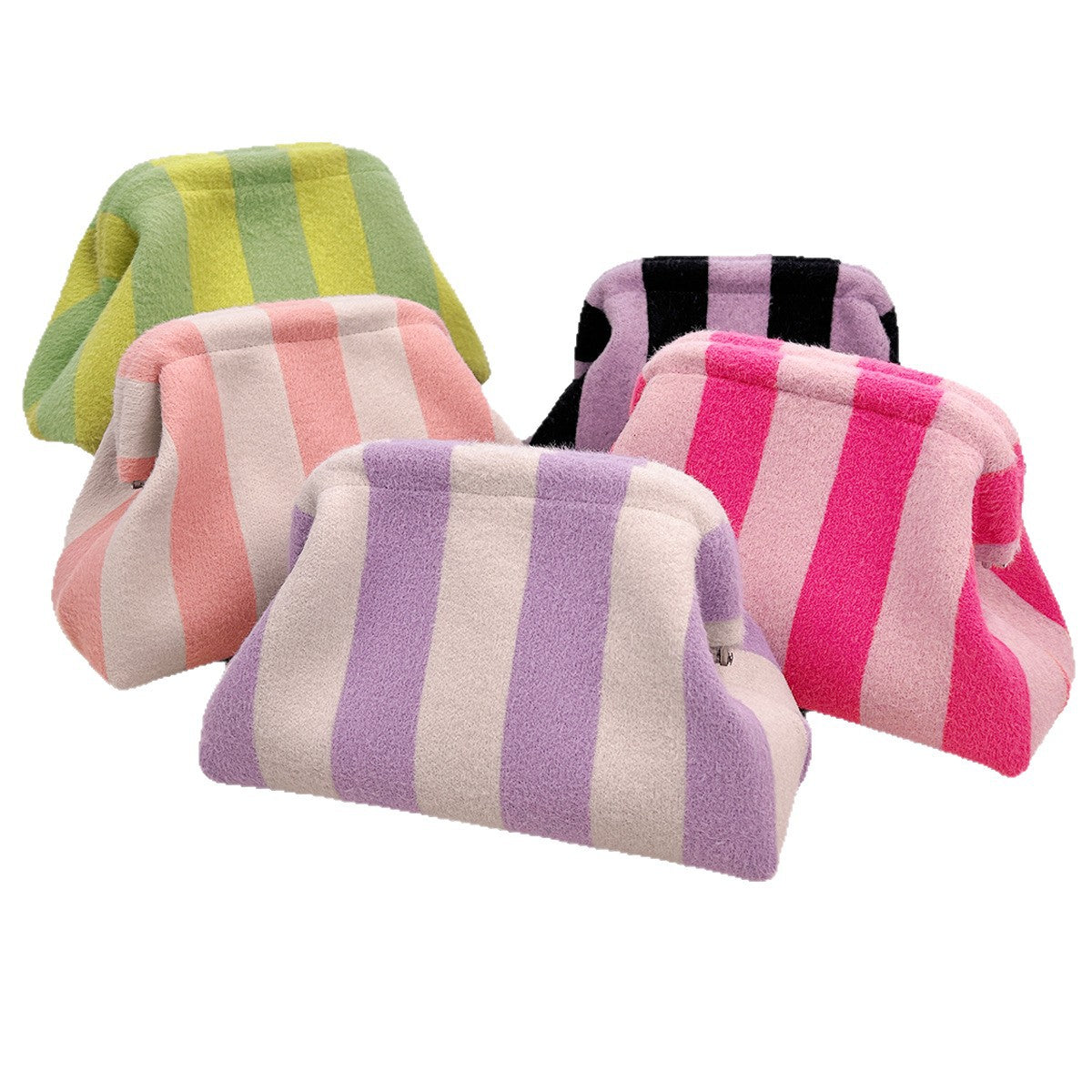 Striped Plush Kiss Lock Clutch Bag