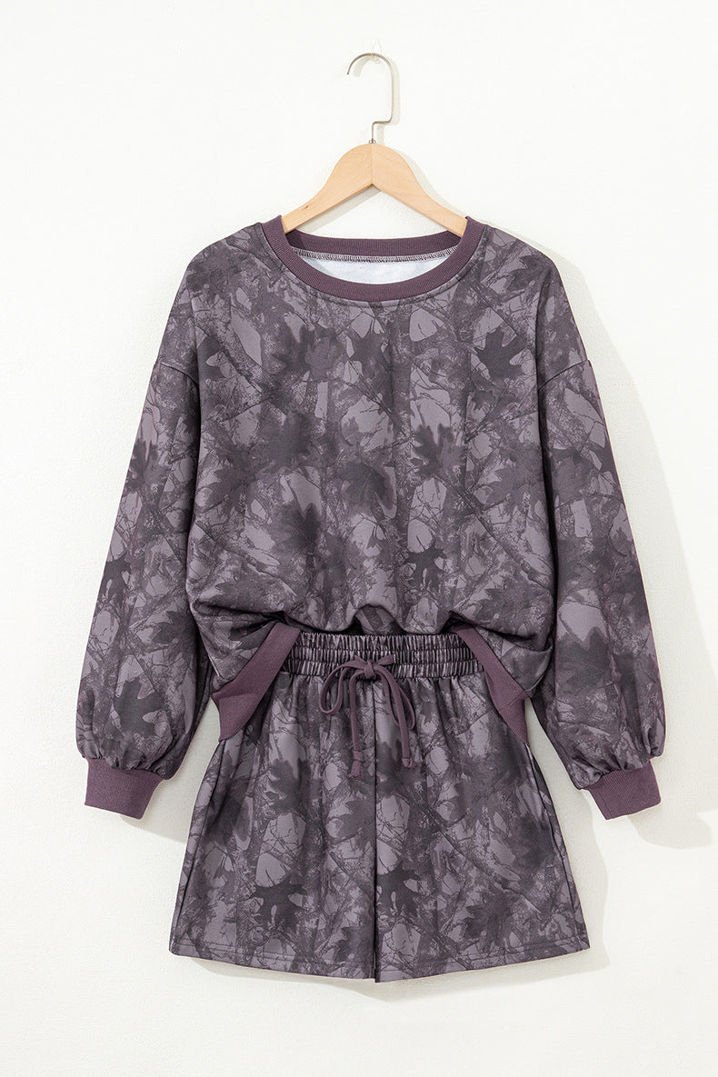 Woodland Camo Print Baggy Pullover Drawstring Shorts Set
