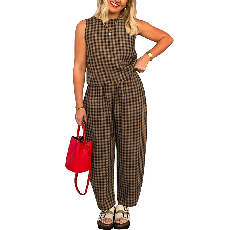 Women's Printed Plaid Sleeveless Vest and Trousers Suit