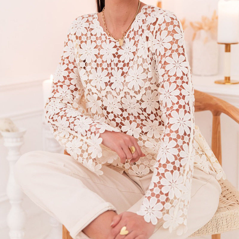 Floral Crochet Cutout Long Sleeve Blouse