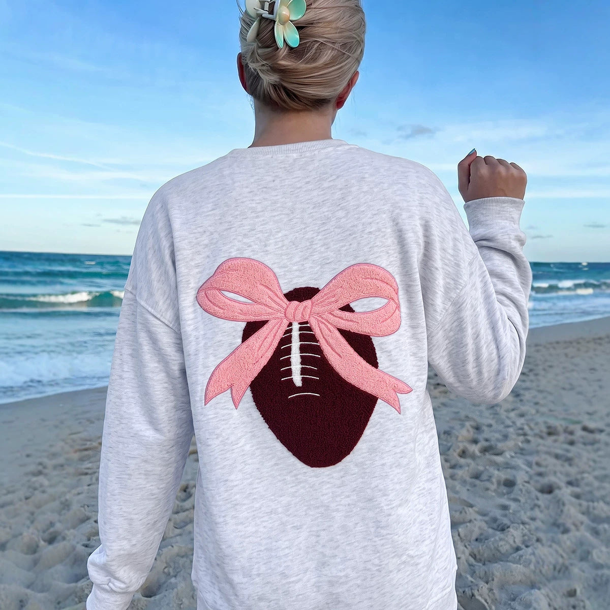 Light Grey Embroidered Football Bow Back Long Sleeve Sweatshirt