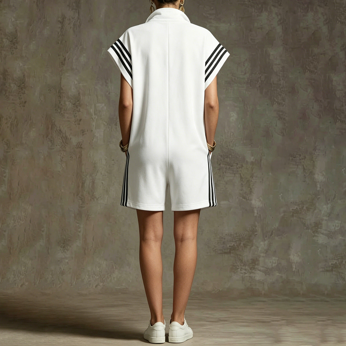 Loose Sleeveless Drawstring Pockets Split-Joint Striped Zipper Stand Collar Rompers
