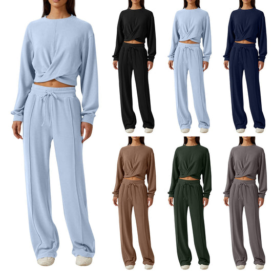 Women's Round Neck Long-sleeved Top and Wide-leg Pants Suit