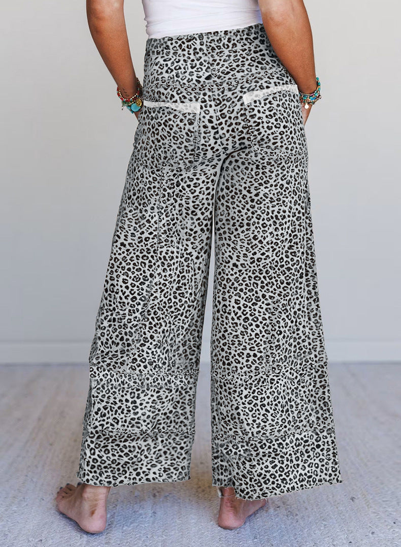 Leopard Print Wide Leg Terry Knit Pants