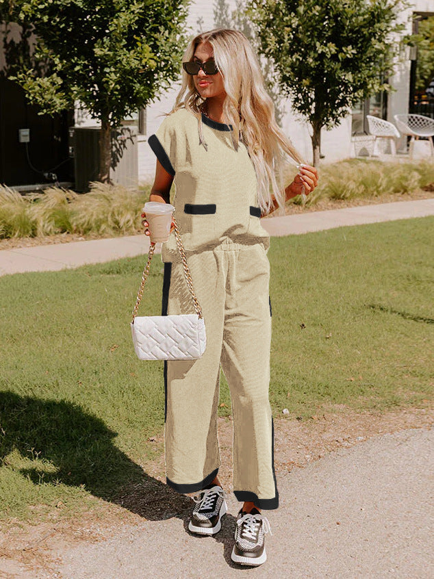 Color Block Pocketed T Shirt and Wide Leg Pants Set