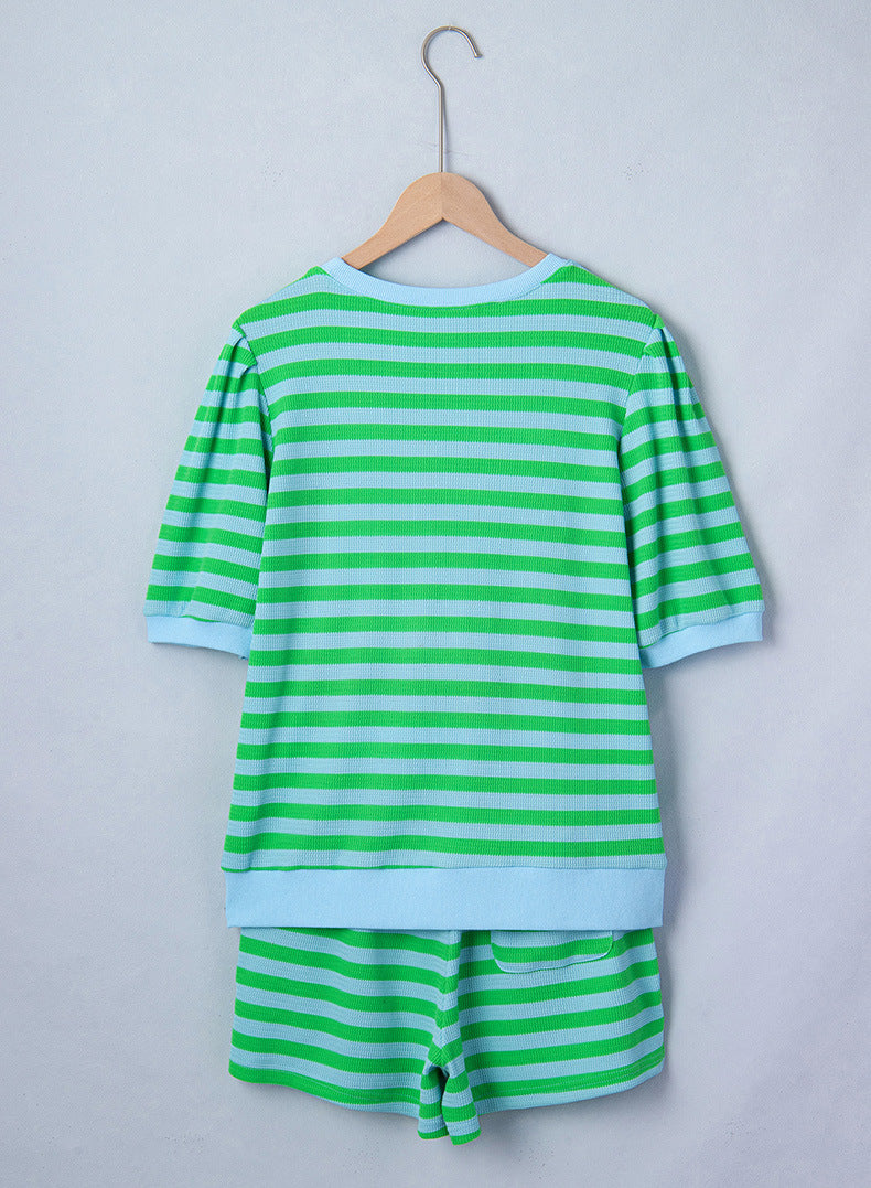 Stripe Puff Short Sleeve T Shirt Matching Shorts Set