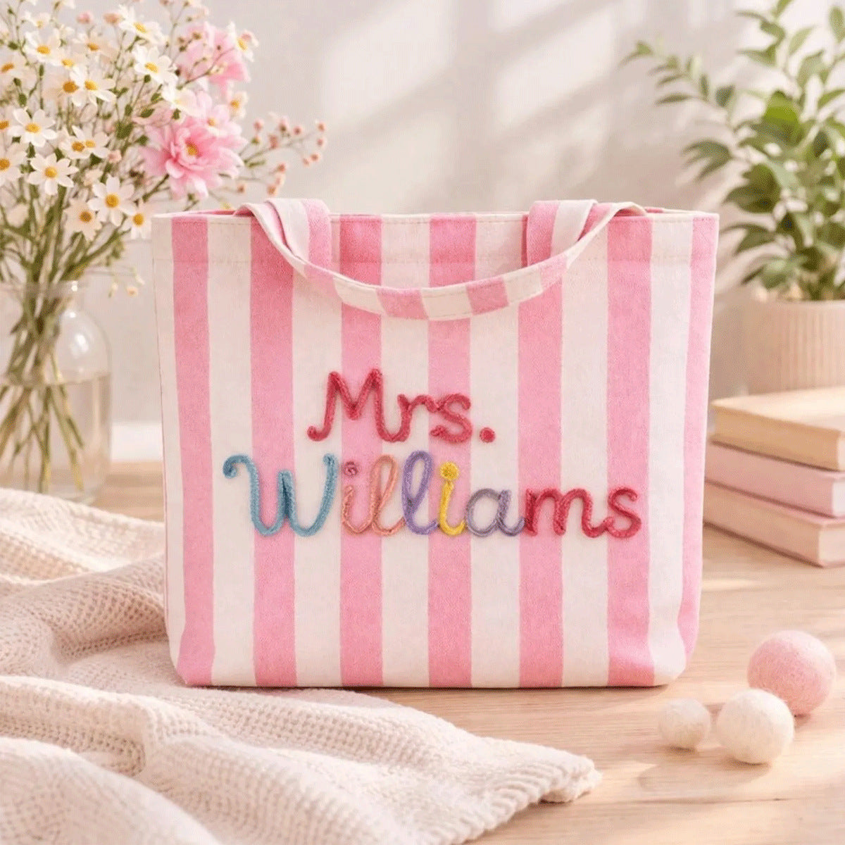 Custom Striped Tote Bag – Hand-Embroidered